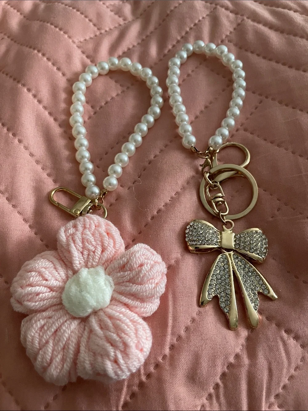 Fashion Jewelry Pearl & Gold Bow Keychain- Homemade Pink Yarn & Pearl Keychain